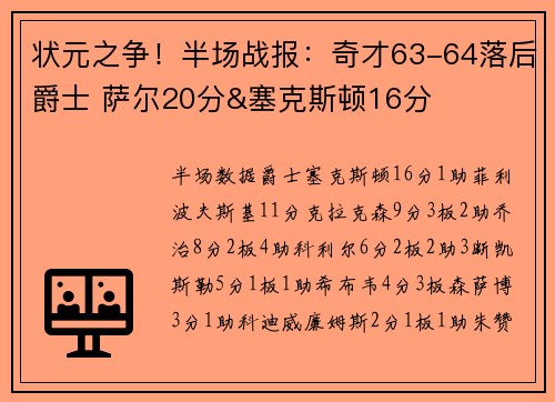 状元之争！半场战报：奇才63-64落后爵士 萨尔20分&塞克斯顿16分