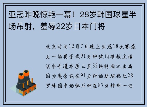 亚冠昨晚惊艳一幕！28岁韩国球星半场吊射，羞辱22岁日本门将
