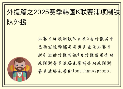 外援篇之2025赛季韩国K联赛浦项制铁队外援